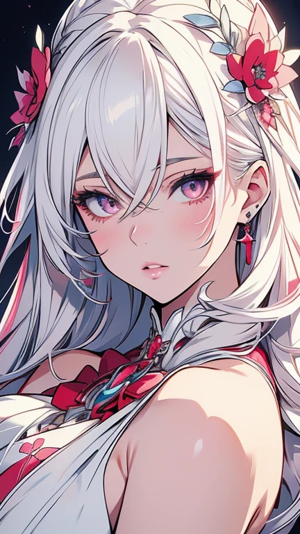 beautiful detailed eyes, beautiful detailed lips, extremely detailed eyes and face, longeyelashes, 1girl, white hair, anime style, hyper realistic, high quality, 8k, masterpiece, photorealistic, studio lighting, vivid colors, intricate details, elegant pose, soft lighting, cool color palette, cute and hot. White and pink, red . 