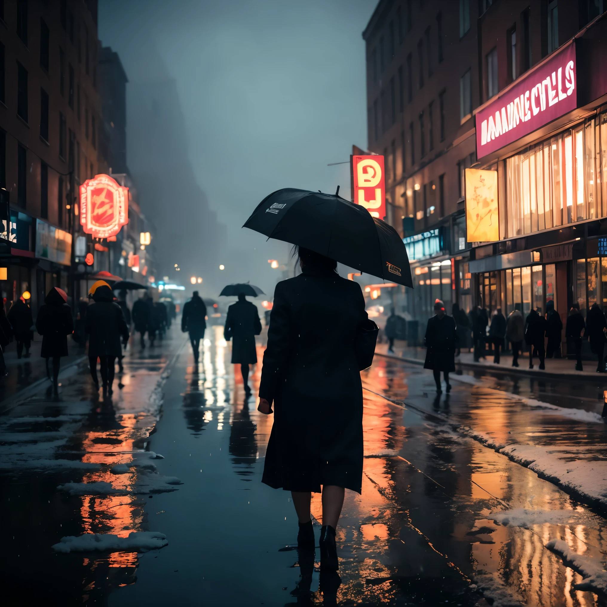 (masterpiece, best quality:1.1), 1girl, in city, street, girl walking holding umbrella, many people walking, winter clothing, winter, snow, night, city lights, raining, wet streets, light reflecting off wet streets, lit billboards, lampposts, hazy, diffused lights, low visibility, contrast, shadows, realistic, photograph, neo noir, broody atmosphere, low-key lighting, slanted shadows, unbalanced composition, soft lighting