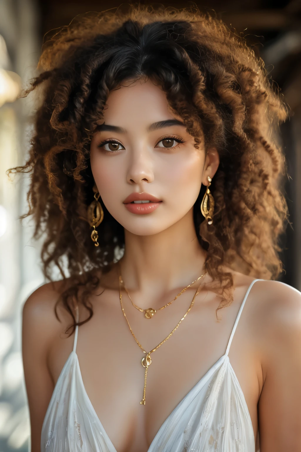 bellissima,  1girl, solo, long hair, breasts, looking at viewer, black hair, dress, jewelry, medium breasts, upper body, earrings, parted lips, necklace, blurry, lips, blurry background, curly hair, realistic, dreadlocks