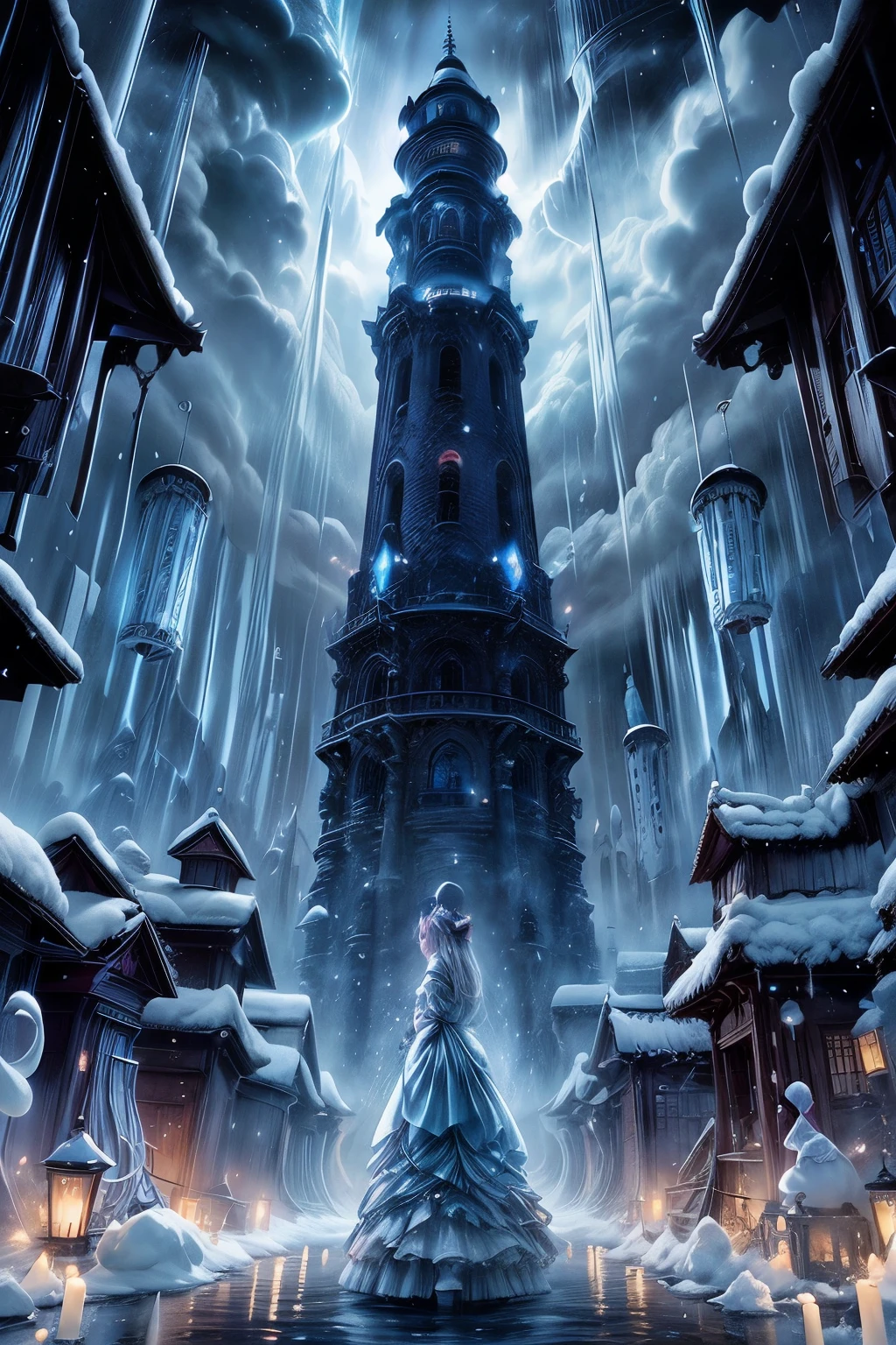 tall dark tower at the ends of the universe with a small frail Japanese  girl standing in front of a great tower contain windchimes and lightning, very dark art style, nighttime, gray stormy amanous skies, lanterns and candles all around like a scary graveyard, light pink winter queen Swedish beautiful lady wearing a baby blue gaussian gown made of snowflakes, swans, lakes, doves castles, cold, frosty, frost, fantasy, bubbles, cotton, bows, buttons, sunny blue skies, dark red roses, ribbons, full body shot, medium shot, from crown above her head to the bottoms of her shoes,