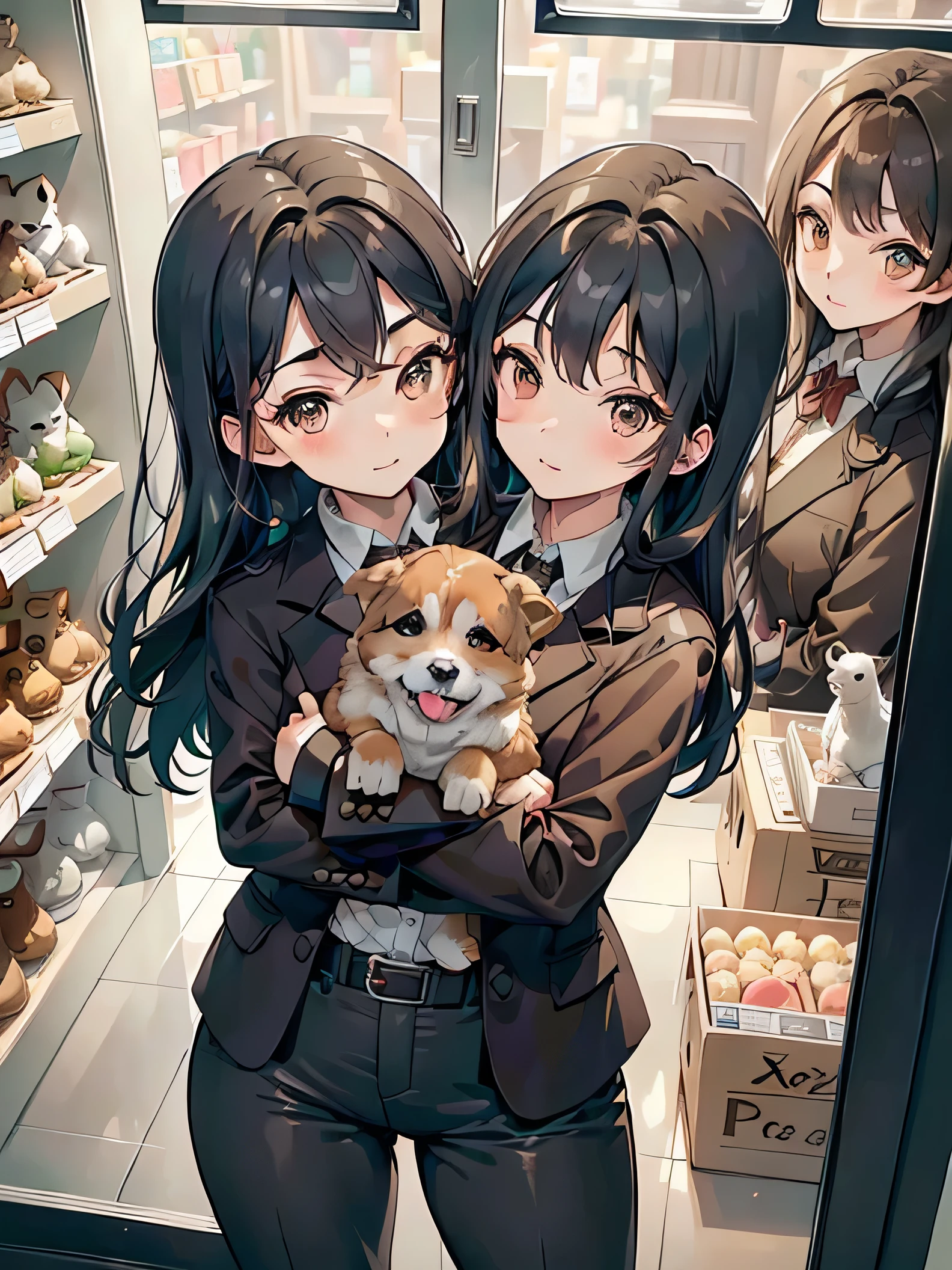 (masterpiece, best quality), best resolution, (2heads:1.5), 1girl, pet shop keeper, black hair, brown eyes, brown jacket, long pants, holding a puppy, setting up a pet store window display, inside a pet store.