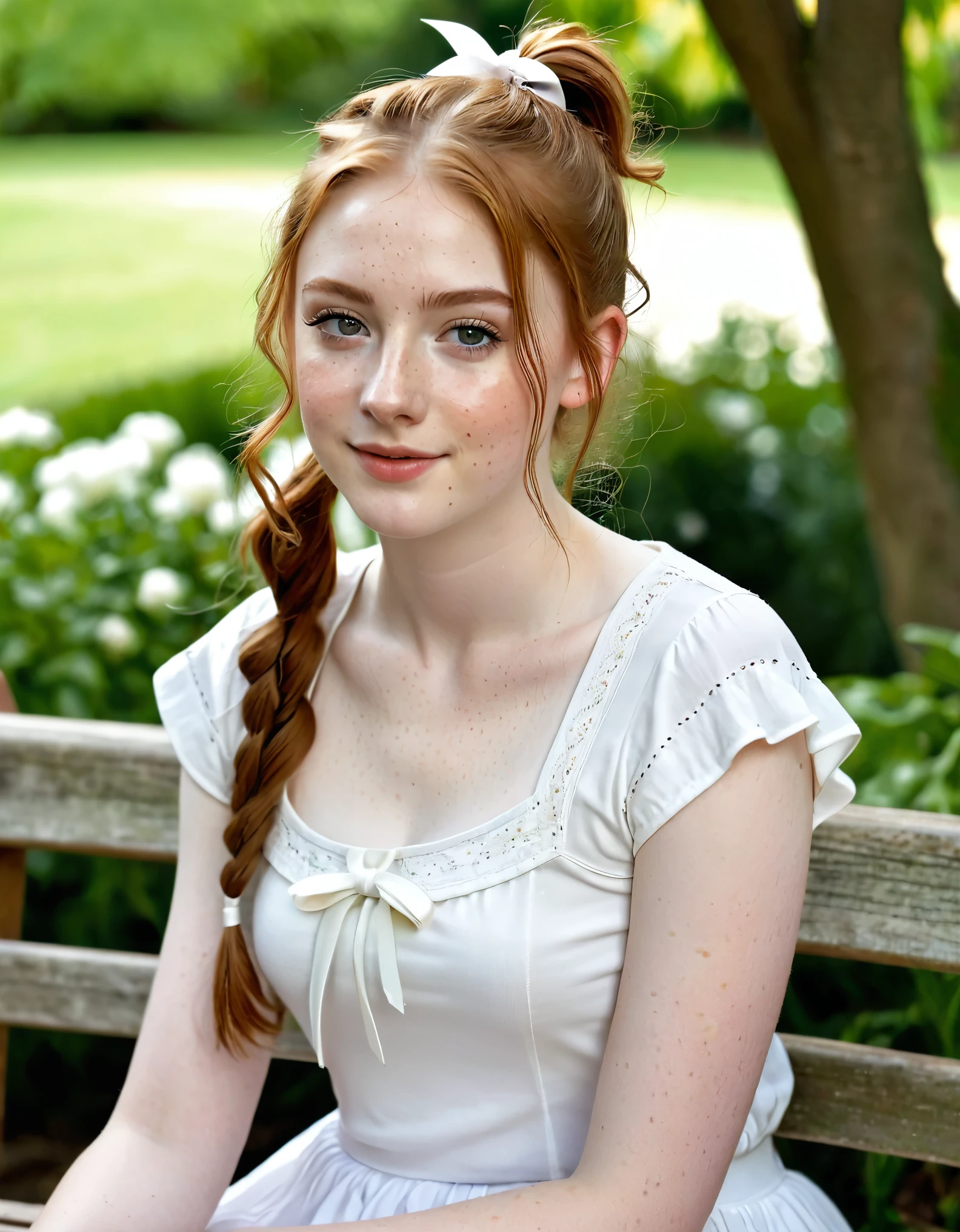 photography full body portrait of very beautiful realistic girl, sitting on garden bench, 15-years-old, porcelain skin, very fair skin, very pale skin, redhead, wavy, ponytail with white ribbons, detail freckles skin, hazel eyes, slanted eyes, small nose, small nostril, thick curved eyebrow, thick bottom lip, seductive gaze, happy face, unique face, wear white t shirt, detail photo, realistic photo, master piece picture, sharp picture, outdoor clear daylight