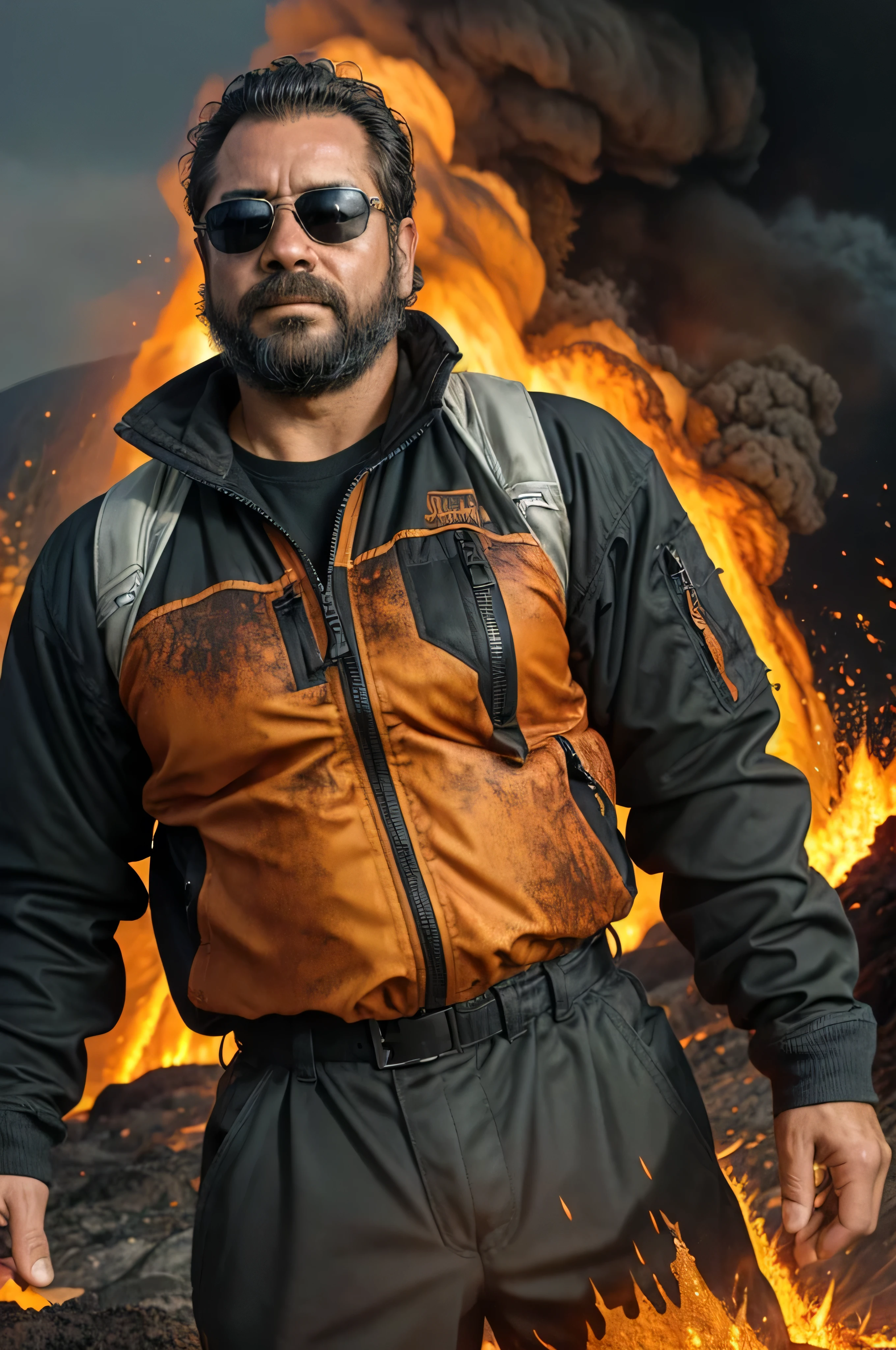 A super realistic image of a 38-year-old man with a rugged, masculine appearance wearing dark sunglasses. He is in the midst of a powerful volcanic eruption, with lava flowing nearby and ash raining from the sky. His face is highly detailed, showing a mix of determination and urgency. The background depicts a fiery landscape with molten rock, burning trees, and thick smoke. He is dressed in a protective jacket and pants, appearing resolute against the intense heat and danger. The image captures him from the waist up, emphasizing the textures and details of his face and the erupting volcano