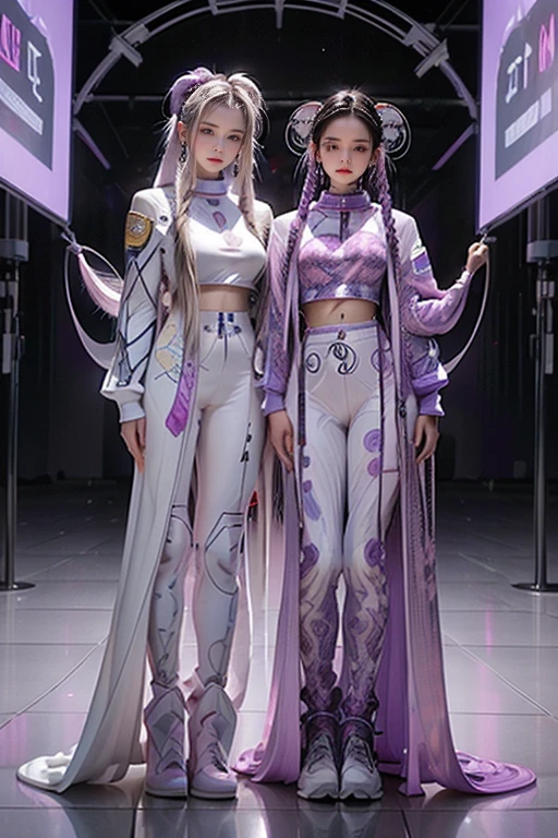 highest quality, Very detailed, masterpiece, Two women posing,(((Perfect female body))),Very beautiful face, Very beautiful body,Gentle expression, Very beautiful eyes,(Perfect Makeup:1.1),Fashion Model,Cyberpunk Fashion,Cinematic Light,Curly Hair,Shaggy Hair, (Drifting in the Wind,White purple gradient long braids:1.5),very thin body,Smart Abs,(Monogram pattern:1.3), (((Various patterns,Pink and blue gradient,Spacesuit))),anklet,Tech High Top Sneakers,A kind smile,Full body portrait,(Night in Cyber City), (Shiny skin),(Earrings),Long scarf with elegant pattern,Neon long shawl,Digital Feather,LED Signs,