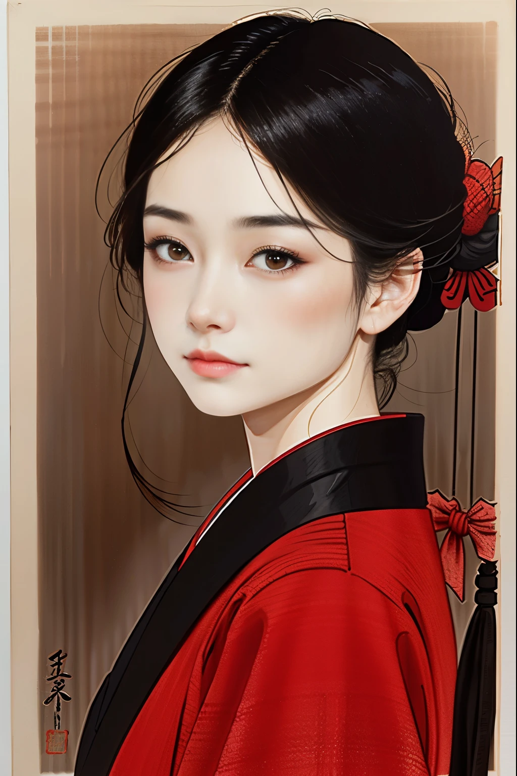 Ukiyo-e、woodblock print、woodblock print、colorful inkpainting、Beautiful Japanese Woman、Utamaro、Detailed face、Beautiful Eyes、Elegant kimono、Intricate floral pattern、Delicate skin、Natural light、A calming color palette、Soft Focuasterpiece