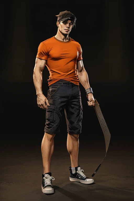 Man darkened face cap and Long long shorts with sachets on the sides and converse sneakers Heroic Presence Serious and strong pose Regular orange T-shirt