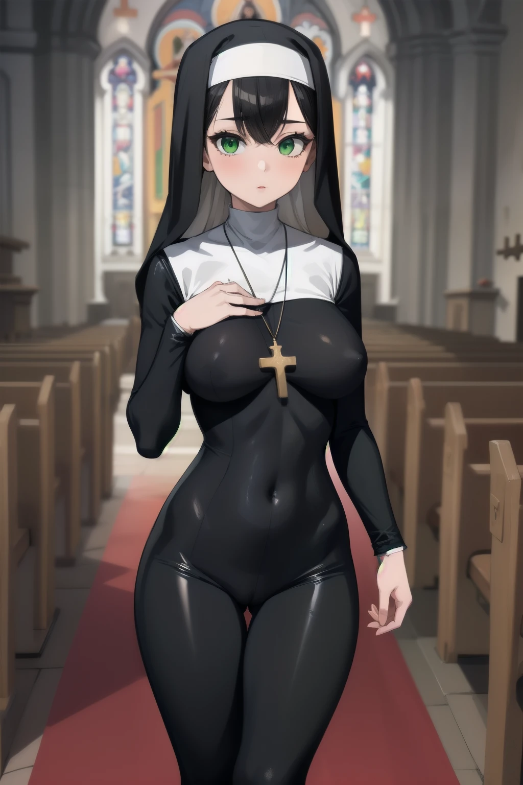 masterpiece, best quality,1girl, (breasts:1.1)sagging breasts, black hair, green eyes ,nun, church ,cross necklace ,bodysuit ,shiny cloth
