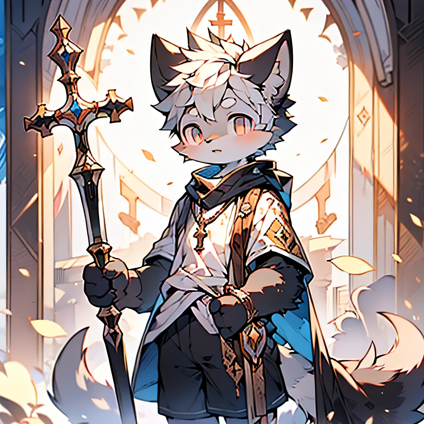 Holy Church,Cat Boy,Black fur,wear white shirt,Black shorts,Silver Eyes,strong,Holding a cross the size of a sword,The light reflected on his clothes,Handsome(masterpiece)(high quality)(Clear structure)(Clear lines)(Extremely detailed background)(Extremely detailed characters)
