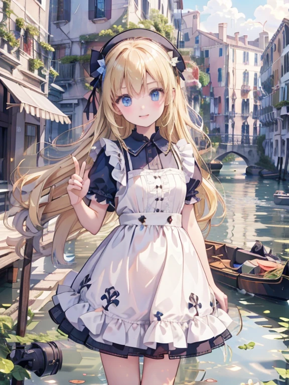 masterpiece, highest quality, Very detailed, 16k, Ultra-high resolution, 8-year-old girl, Detailed face, Perfect Fingers, blue eyes, Blonde, Long Hair, Blue Apron Dress, SZ_4po enviroment, Venice cityscape, Waterway, Waterwayにゴンドラが浮かぶ, Girl rides in a gondola