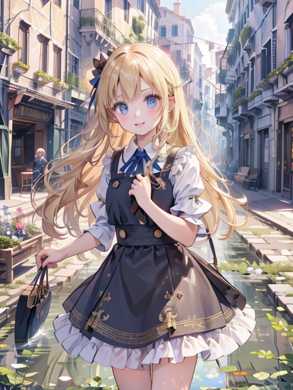 masterpiece, highest quality, Very detailed, 16k, Ultra-high resolution, 8-year-old girl, Detailed face, Perfect Fingers, blue eyes, Blonde, Long Hair, Blue Apron Dress, SZ_4po enviroment, Venice cityscape, Waterway, Waterwayにゴンドラが浮かぶ, Girl rides in a gondola