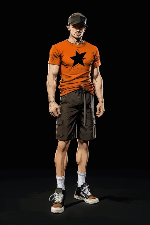 Man darkened face cap and Long long shorts with sachets on the sides and converse sneakers Heroic Presence Serious and strong pose Regular orange T-shirt. 