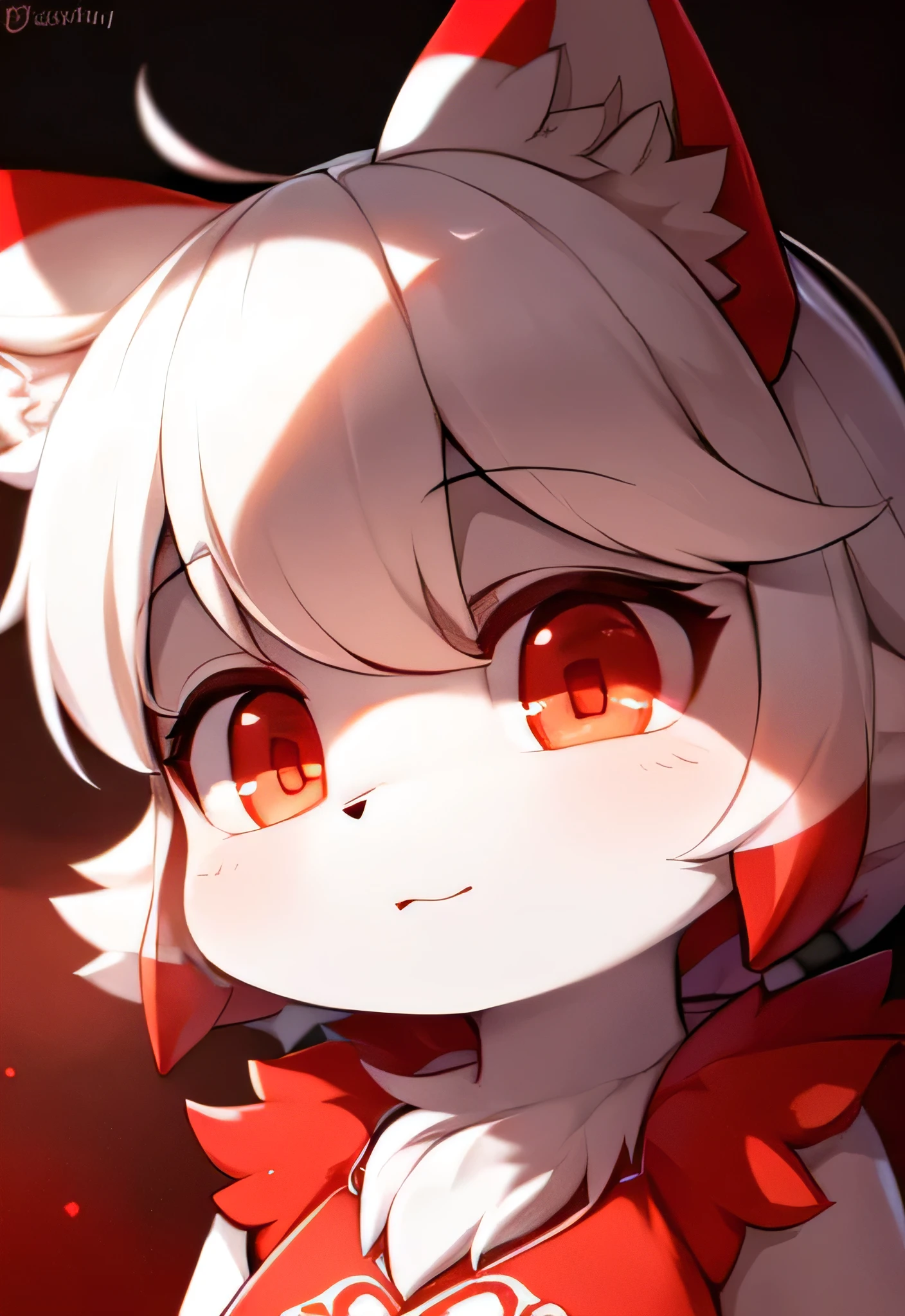 hairy, White fur, Super cute face, Red elements on fur, Glowing dress, beautiful light and shadow, Ambient Light, Super fine fur, Volumetric Light