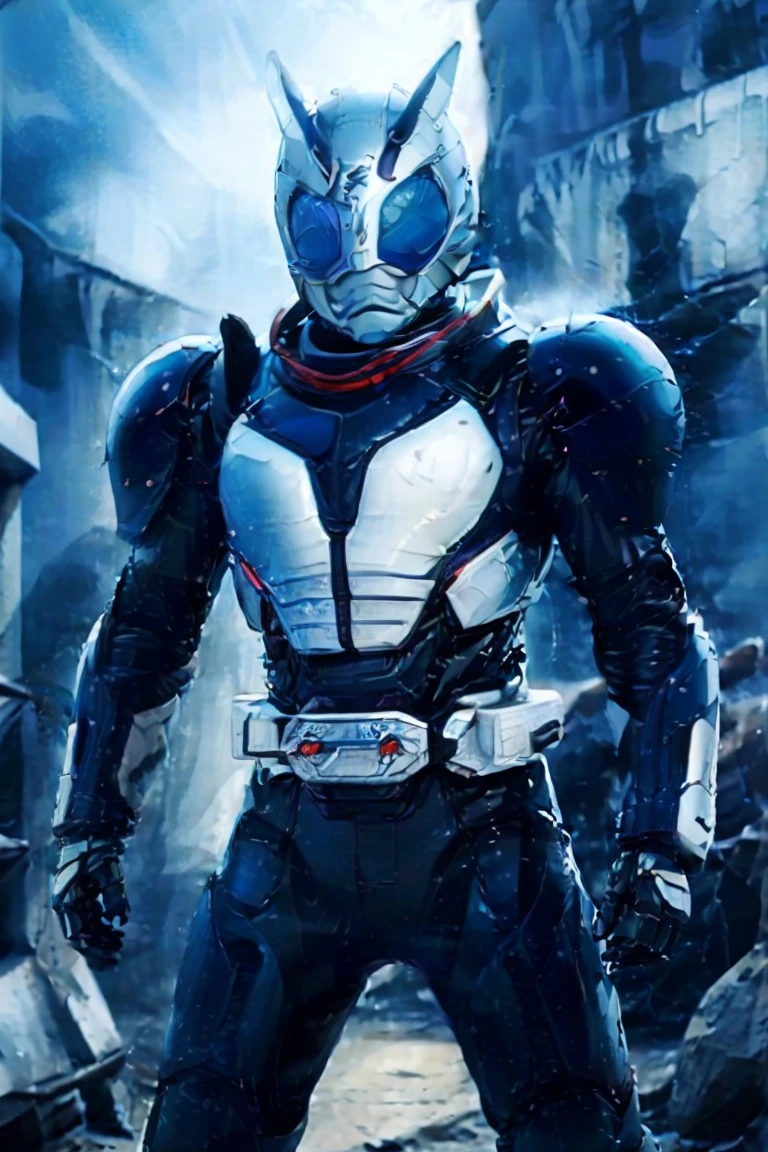 Blue Kamen Rider, silverarmor, gray and black clothes, Blue technical suit, a spy, robot