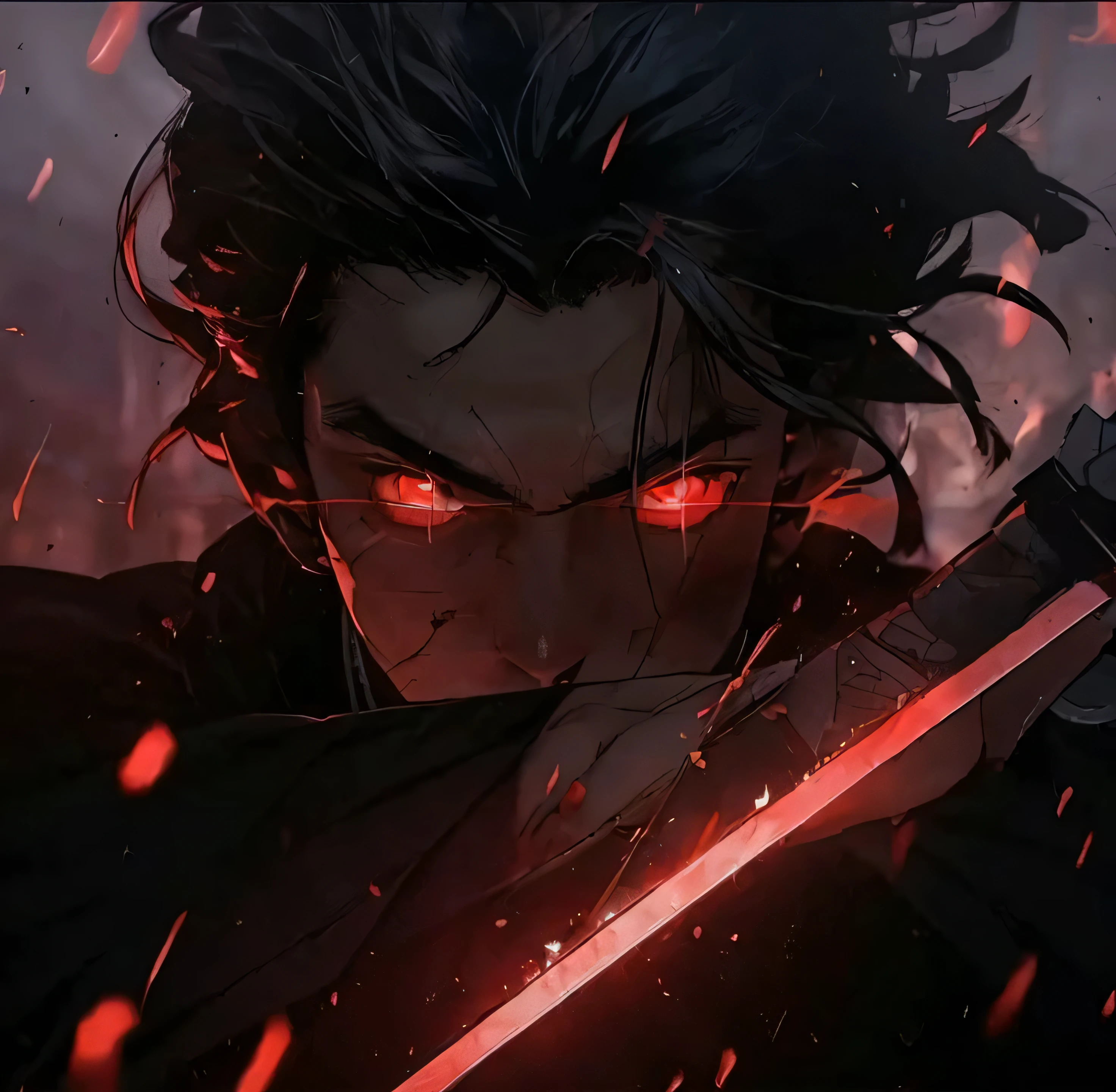 A 22-year-old man, with black hair with some redness, and red horns, holding two swords, connected by chains,(backlit)Mountainous land filled with blood and trees cut down 