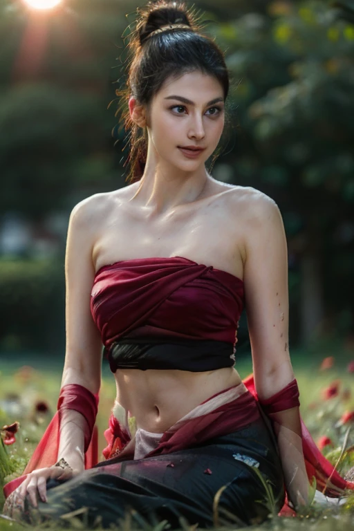 masterpiece, highest quality, HDR, high contrast,(Realistic photograph),((a beautiful blended of Japanese pretty actresses with Morena Baccarin look like face, 21 years old girl,sitting alone in the field, decorations, gem, dark red transparent Strapless top, Long ponytail hair, Black eyes, Abdominal muscles, Body proportion, Morning sunshine, eyes looking forward,raining