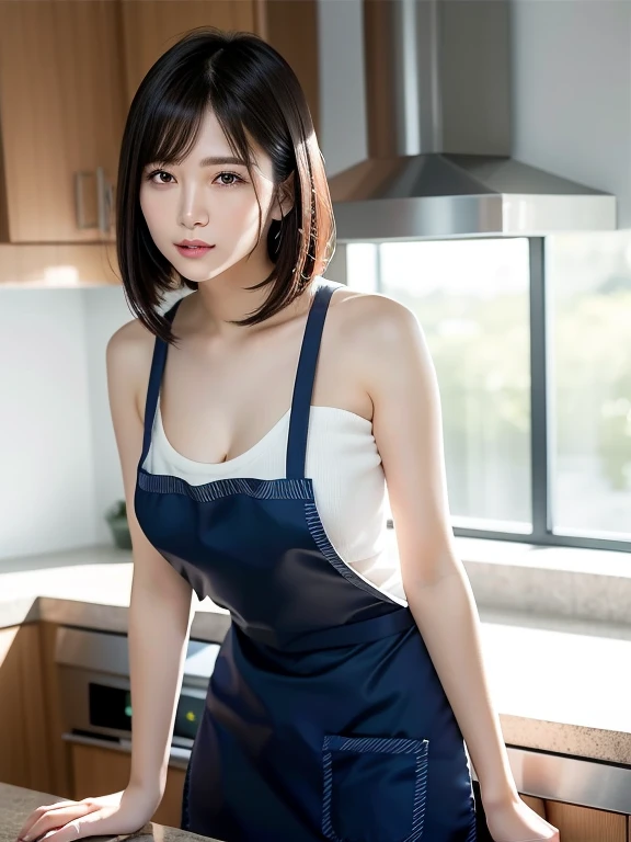 (Best quality: 1.5), (Real: 1.5), (1 person: 1.5), Medium shot, (Highly detailed), (High resolution), 8k, Medium breasts, Natural colored lips, Japanese woman, 24 old girl, thin eyebrows, beautiful and graceful features, cute face, arched thin eyebrows, (large, balanced eyes), big eyes, fair skin, beautiful and graceful features, natural bangs, beautiful and thin nose, beautiful skin , medium bob hair, natural bangs, perfect and beautiful facial features, slim face and figure, (bright lighting), professional lighting, (frontal lighting), beautiful cleavage, 1 girl, cute and sexy 24 old woman, slim Japanese woman, fair skin, (sexy look), (medium chest), In the kitchen, Wearing a naked apron, (NAKED Apron), White Apron, Modern Apron, stand leaning against the kitchen