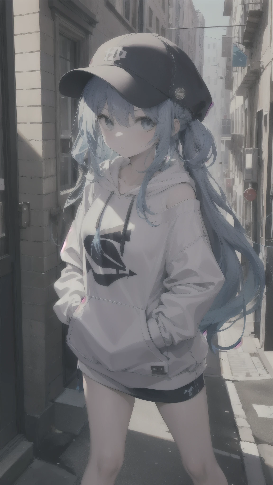 masterpiece,1 Girl,Solitary,long hair,Blue Hair,hoodie,Off-shoulder:1.2, Thug Hat, street,Hands on Hips, Hands in pockets,