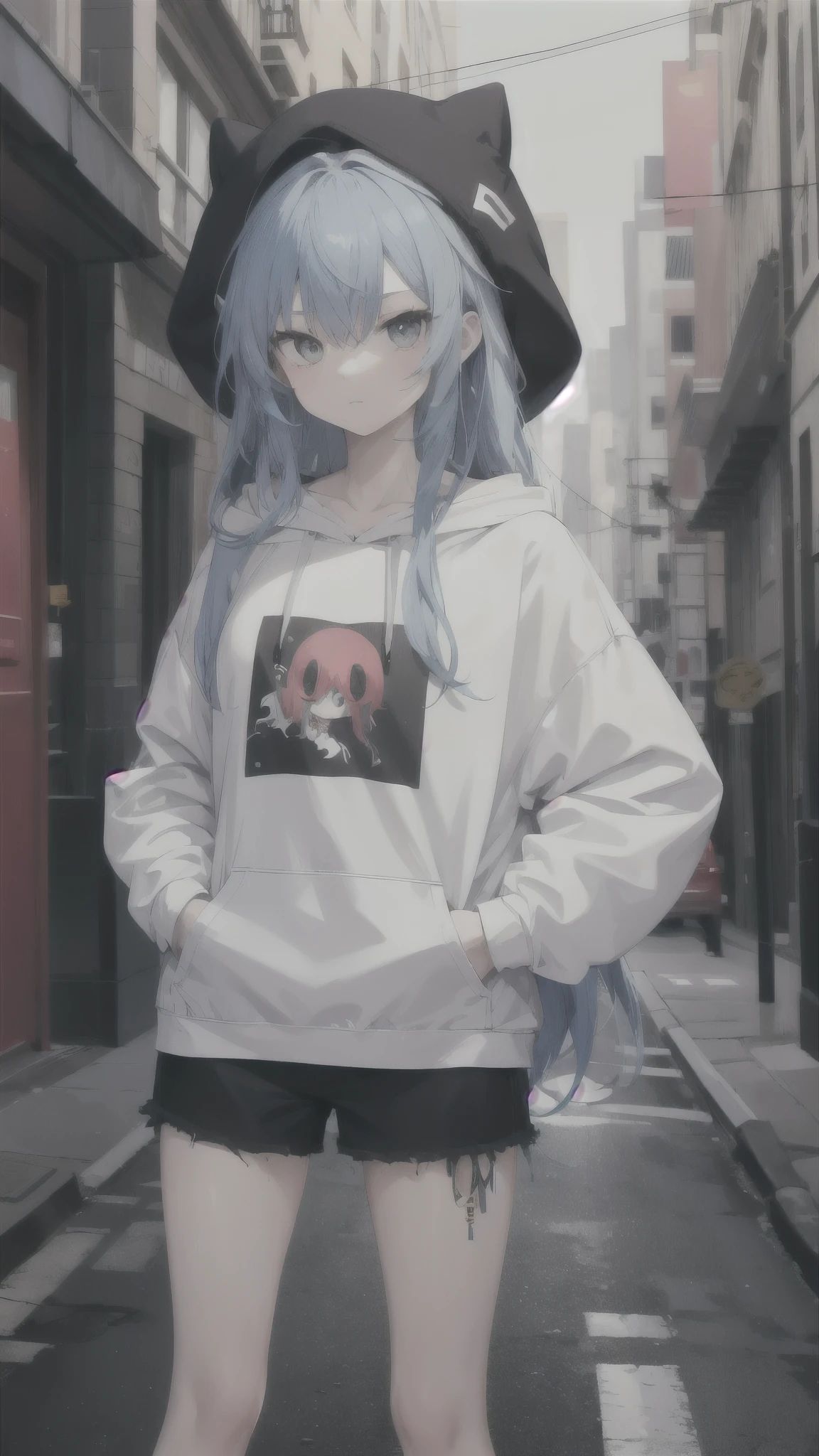masterpiece,1 Girl,Solitary,long hair,Blue Hair,hoodie,Off-shoulder:1.2, Thug Hat, street,Hands on Hips, Hands in pockets,