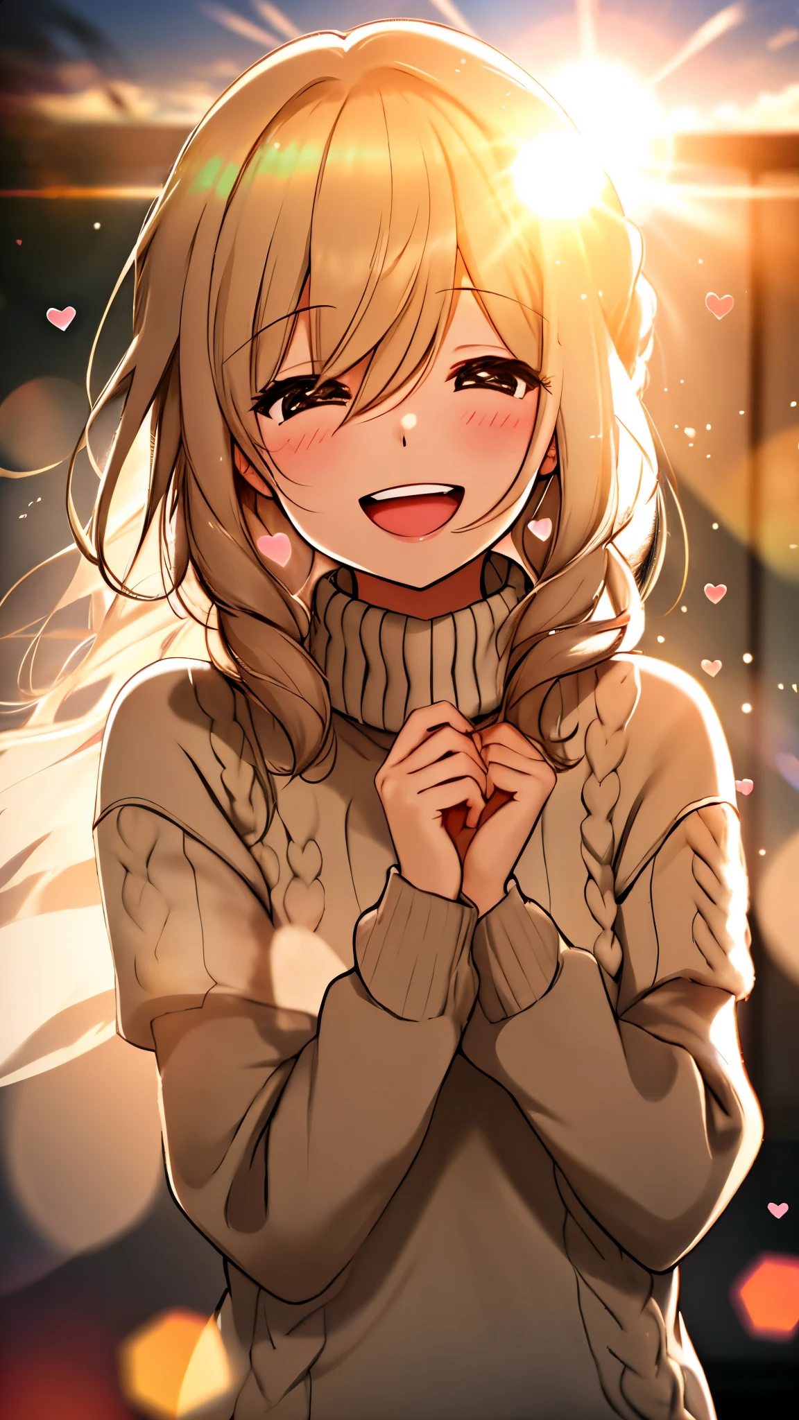 A girl, Wear a cozy sweater, Upper Body, (laughing out loud:1.1), (open mouth:1.1), (Keep your eyes open:1.2), Sun glare, Bokeh, Depth of Field, Blurred background, Light Particles, gale, (heart particles:1.1)
