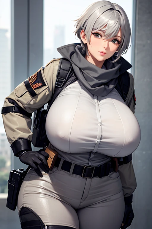 Mommy short gray hair huge with very big and huge breasts wearing tactical  uniform scarf very beautiful and very detailed