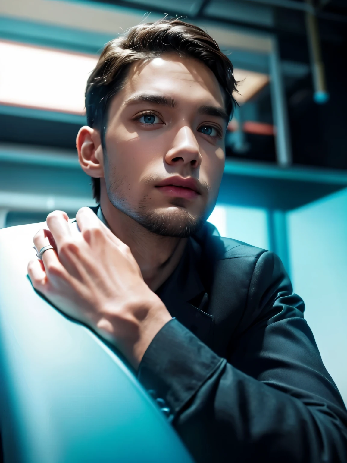 Young guy, short brown hair, Cyan eyes, Black suit with gold elements, Masterpiece, hiquality