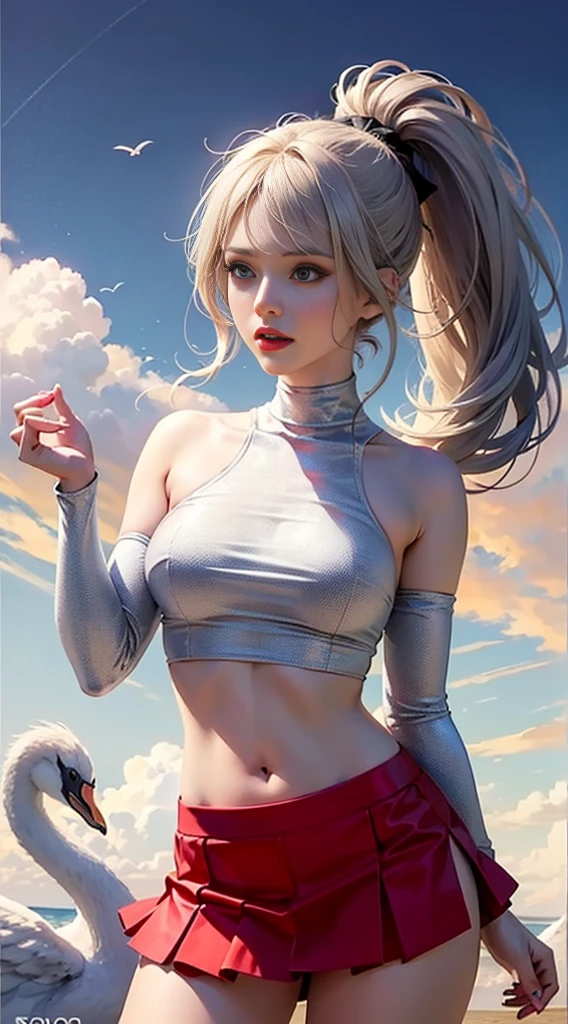 Ultra high quality,8K,gal girl,Sexy and feminine, high and cold,Enchanting,The head proportions are perfect,Gray high ponytail,Wear a sweatshirt monogram print, Short red high-waisted skirt,Flaming red lips,Swan neck,chokers,sun is shining