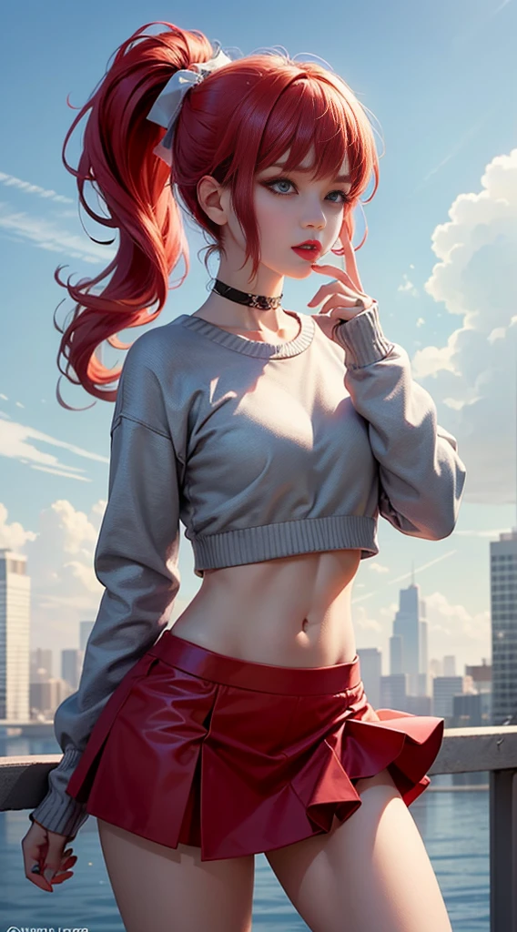 Ultra high quality,8K,gal girl,Sexy and feminine, high and cold,Enchanting,The head proportions are perfect,Gray high ponytail,Wear a sweatshirt monogram print, Short red high-waisted skirt,Flaming red lips,Swan neck,chokers,sun is shining