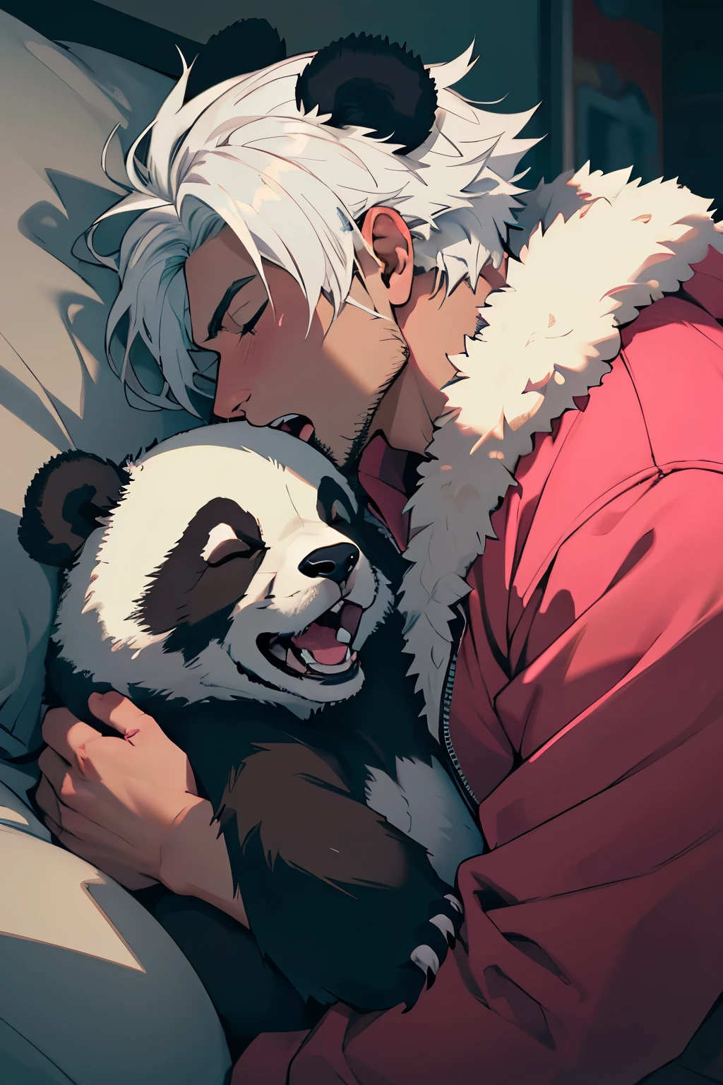 4k quality, HDR+, guy, dude, male face, tanned skin, brown face, 25 yr old man with panda ears, short/medium white hair, masculine, 2d scared screaming face with eyes popping out, but make it more terrified, eyes closed, male, guy, dude with panda ears, sleeping, sleepy, man, yawning, full profile, full face, wearing pink and teal clothing