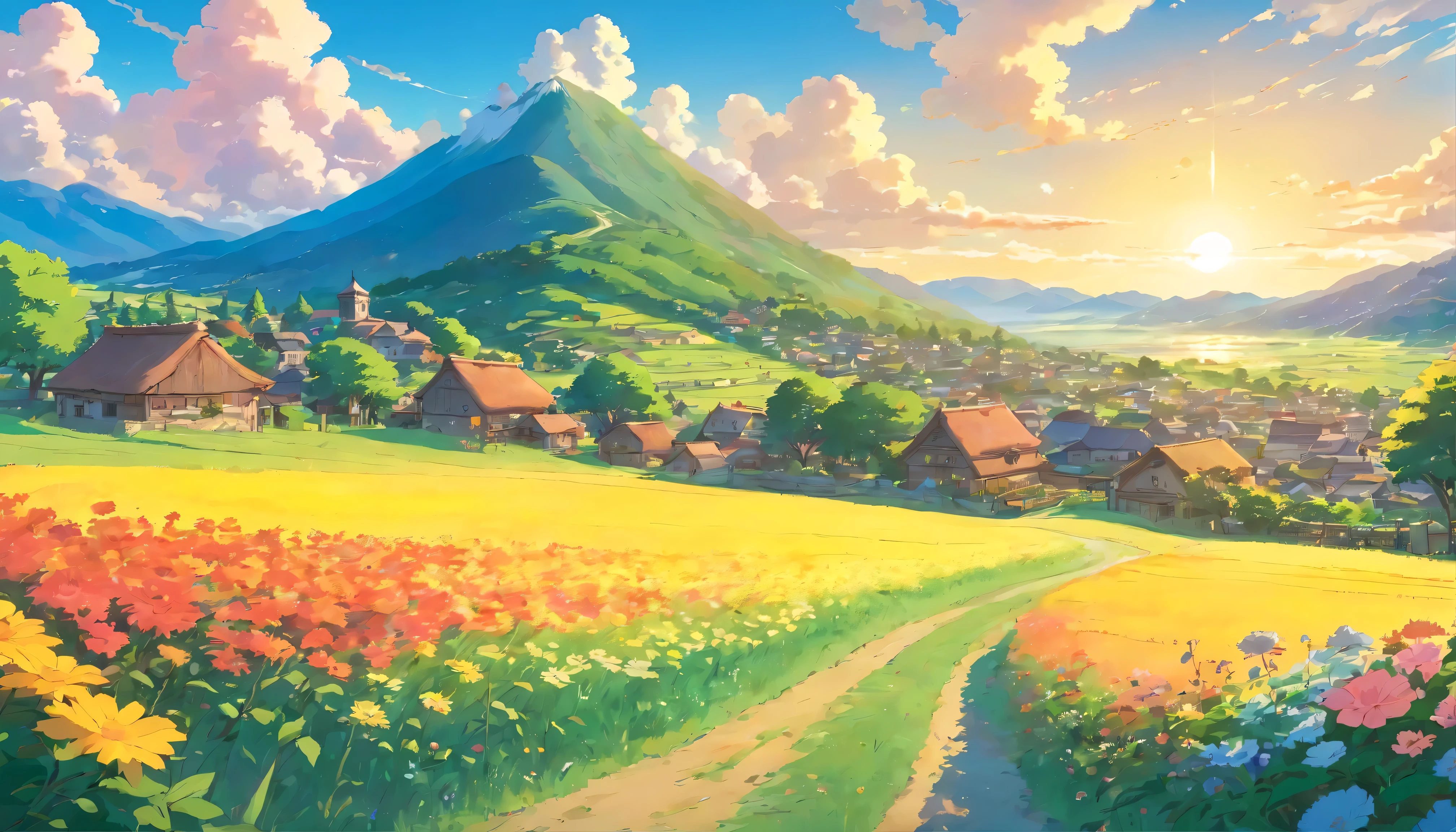 small village in the countryside, field, mountain, tree, flower field, clouds in the sky, The sun shines
