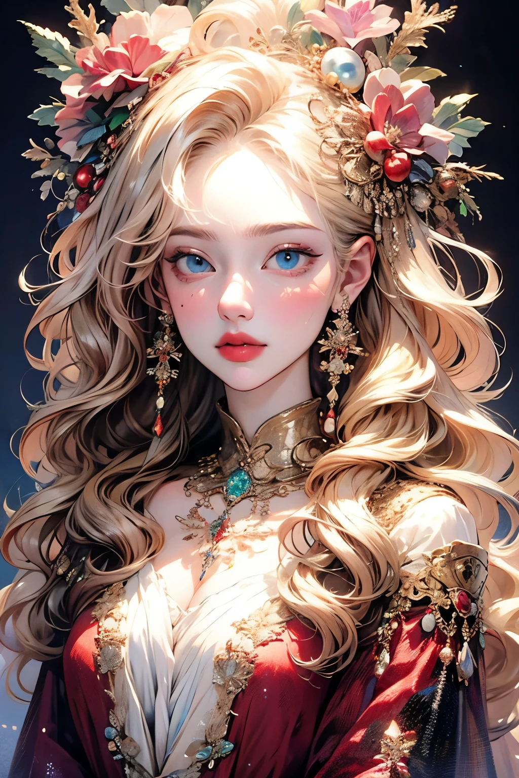 a beautiful queen portrait, golden hair, perfect blue eyes, glorious, impossible to miss large christmas headdress, santa claus robe dress, all christmas, snow, symmetrical, theatrical studio lighting, rococo, baroque style, greenery, asian, surrealism, close up, D&D, fantasy, intricate, elegant, extremely detailed, digital, artstation, hyper-realistic render, 8K, concept art, matte, sharp focus