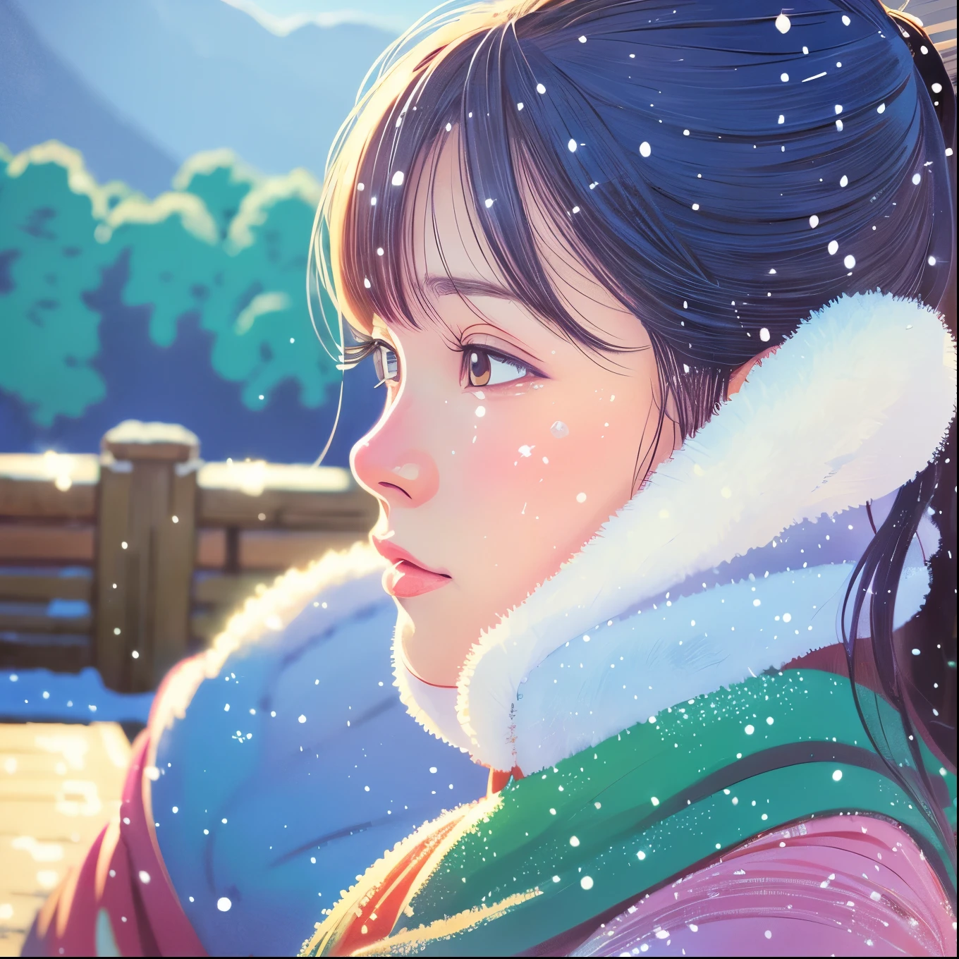Illustration style, ukiyoe, Showa Anime, Woman, Snow, (Sensitive), the morning sun, a mountain in the back, (Tears), best quality, ultra-detailed, realistic:1.37, portraits, vibrant colors, soft pastel tones, natural lighting.