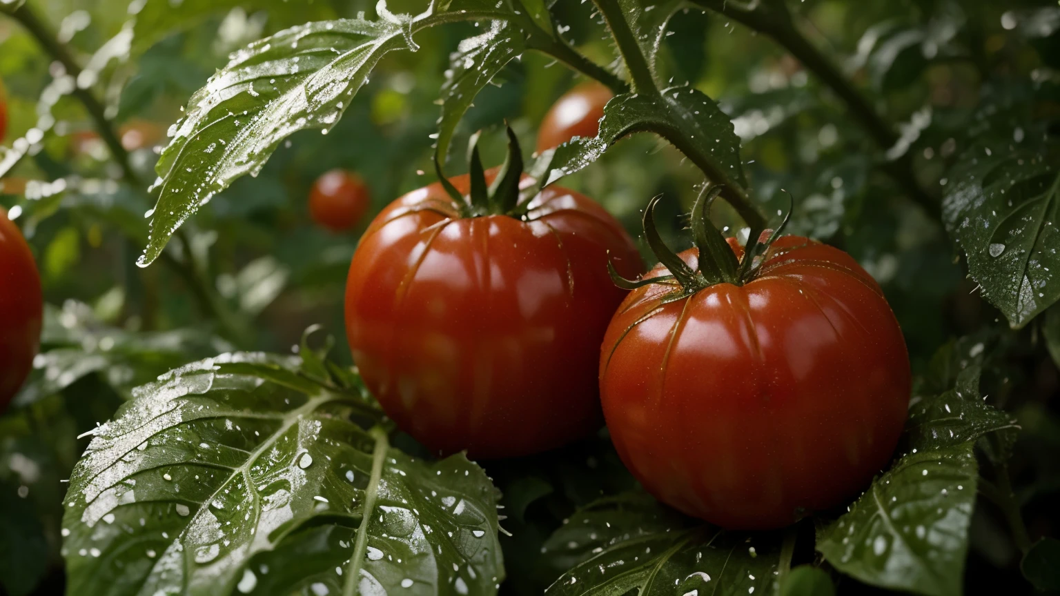 red tomatoes with leaves with morning dew