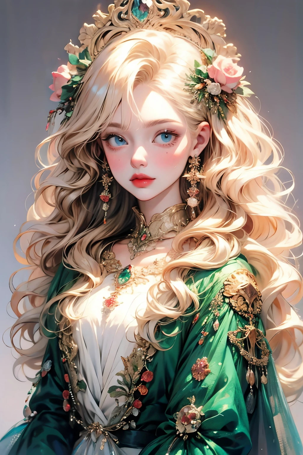 Beautiful portrait of queen, Blonde Hair, Perfect blue eyes, brilliant, impossible striking big Christmas headpiece, Clothes Santa Claus Robe, Everything Christmas, snow, Symmetrical, Drama Studio Lighting, Rococo, Baroque, Green vegetables, Asian, Surrealism, close up, D&D, fantasy, Wheels within wheels, elegant, Very detailed, number, art station, Octane Rendering, 8K, concept art, matte, Clear focus