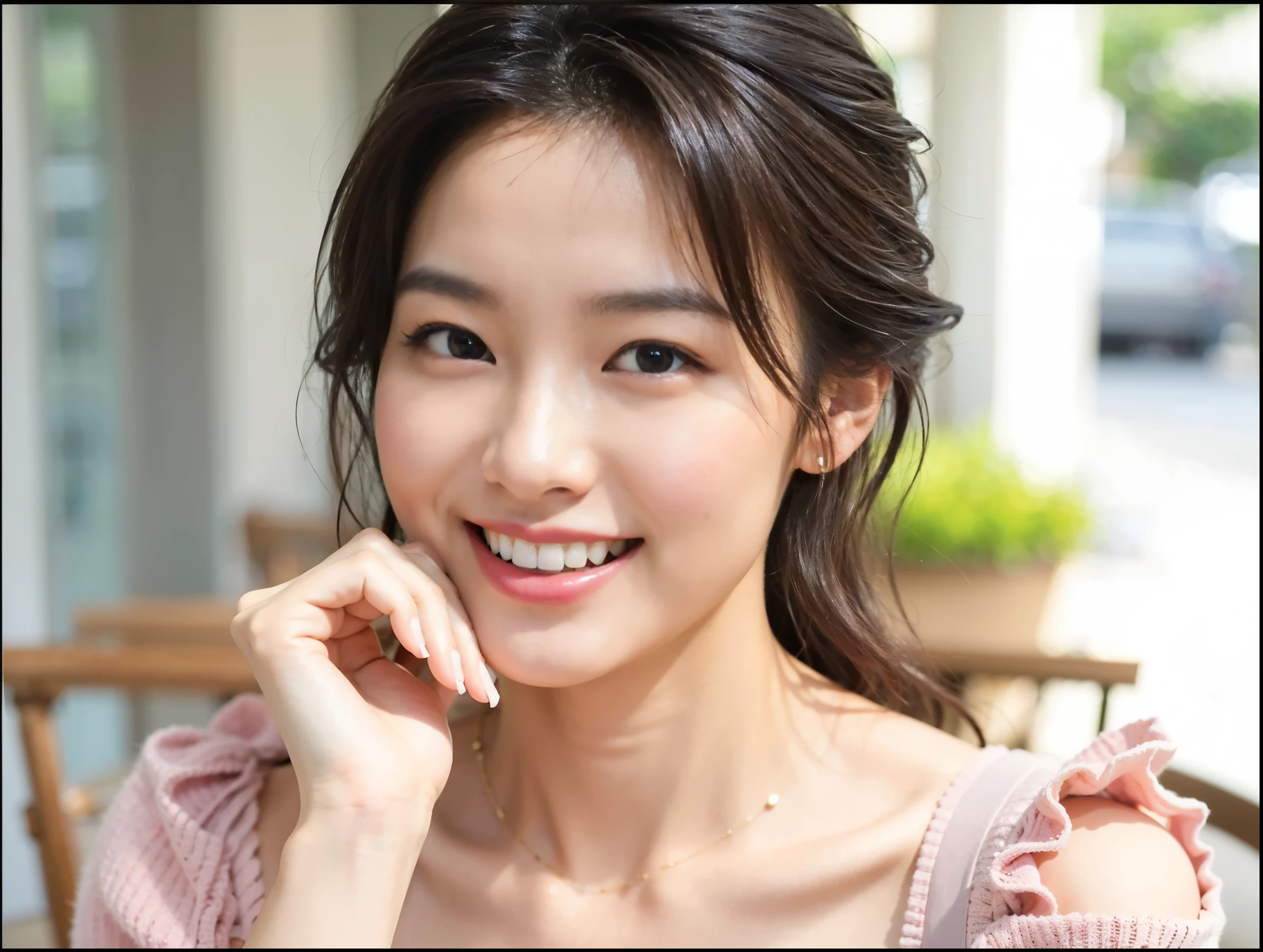 (highest quality, 8k, 32K, masterpiece, Hmm: 1.2), pictures of beautiful japanese women, room, very short bob hair, Upper body, face focus, extra large_sweater, necklace, simple background, From above, looking at the viewer,The teeth need to be exposed and the teeth look bright and white at the same time