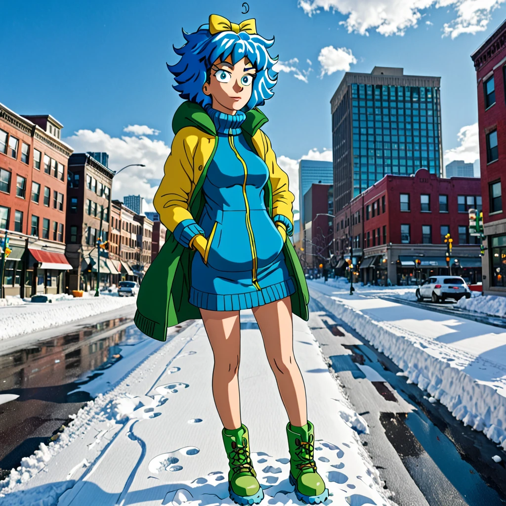 best quality,ultra high res,1girl,solo,full body,snow,city,, blue hair,green eyes,jk, Marge Simpson