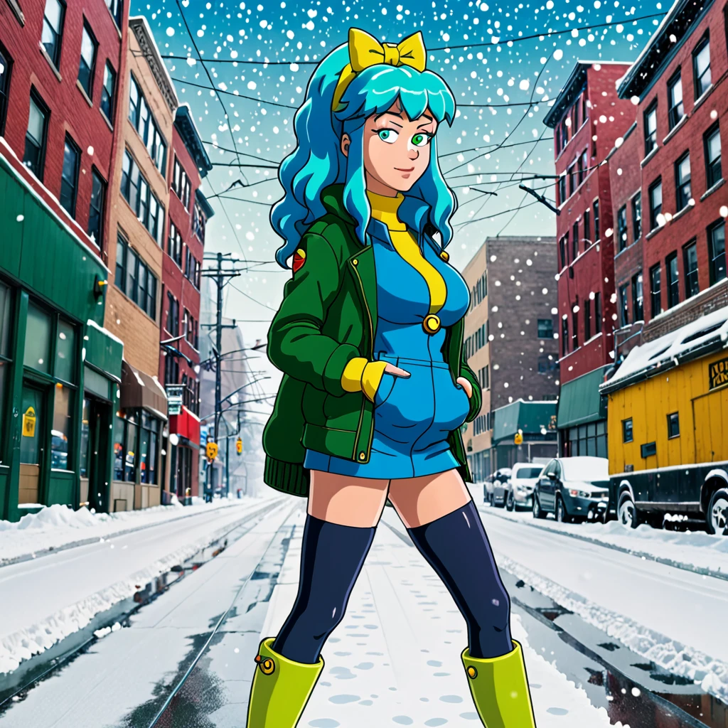 best quality,ultra high res,1girl,solo,full body,snow,city,, blue hair,green eyes,jk, Marge Simpson