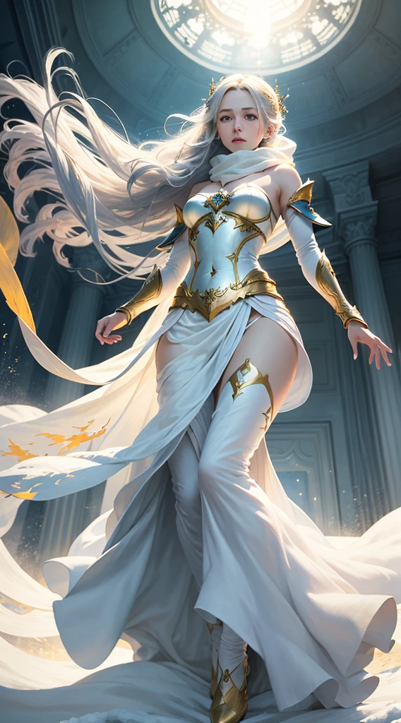 Artwork, Best Quality, Realistic, (1 Girl: 1.3), Blue Golden White Clothes, Long Hair Shawl, Jumping, Jumping, Jumping, Dance, Green Golden White Clothes, Long Skirt, Long Scarf, Flowing, Light Armor, Snow White Skin, Bare Shoulders, Full Body, (From Below:1.5), Martial Arts, Dynamics, Flames, Particles