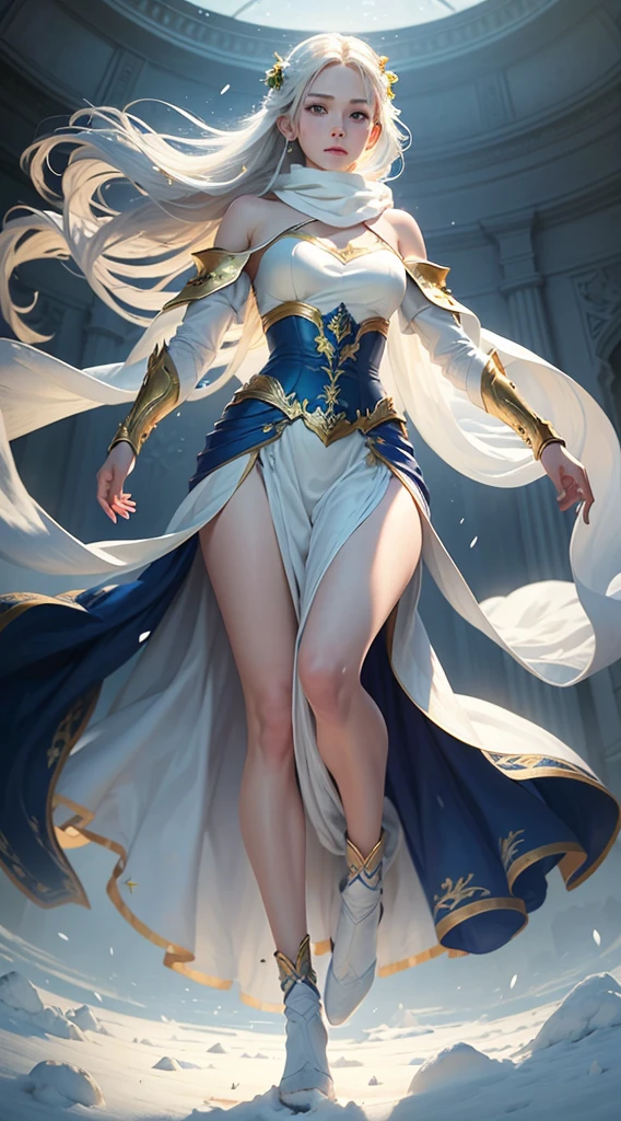 Artwork, Best Quality, Realistic, (1 Girl: 1.3), Blue Golden White Clothes, Long Hair Shawl, Jumping, Jumping, Jumping, Dance, Green Golden White Clothes, Long Skirt, Long Scarf, Flowing, Light Armor, Snow White Skin, Bare Shoulders, Full Body, (From Below:1.5), Martial Arts, Dynamics, Flames, Particles