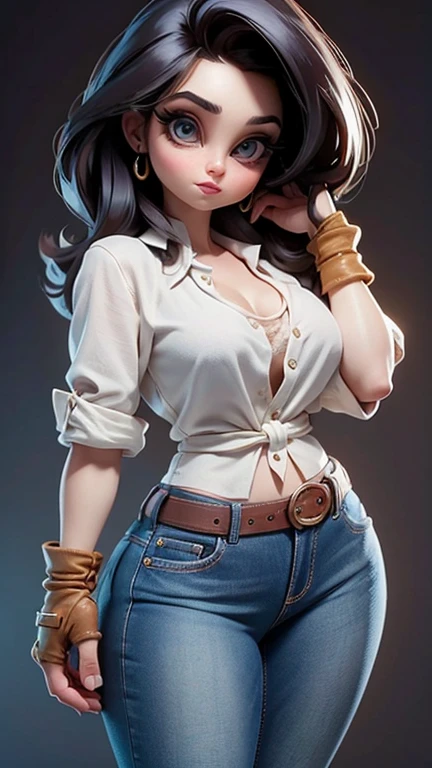 8k, masterpiece, best quality, a women in her 30s, very beautiful, attractive, wearing shoulderless Shirt, and full jeans, boots, fingerless gloves, mom, big eyes, little clevage