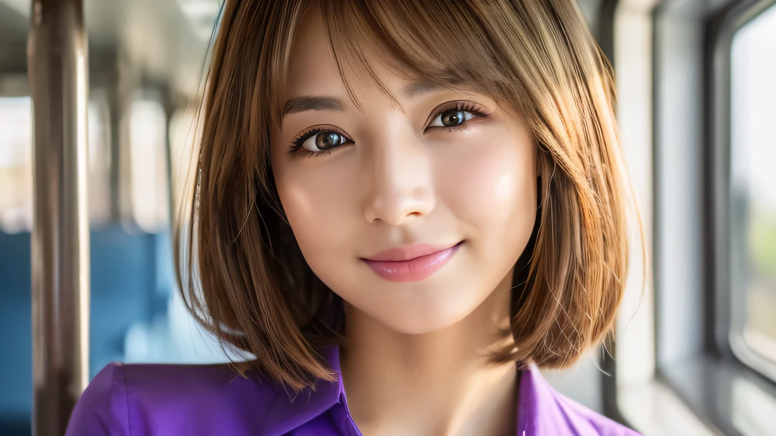 (Mastepiece,Photorealistic)), (((8K,Best Quality: 1.5))), ((Super Detail: 1.5)) , Cute Woman,Beautiful woman,Japanese,Age 25,((inside the train)),Ultra-detailed facial features, smile, Detailed Texture, Natural Skin Shader, photograph,Upper Body,Ultra-high resolution,Beautiful Japanese women,(((purple shirt,best quality))),Realistic eyes,Brown eyes,Realistic Skin,Golden Ratio,((Brown Hair,Bob Hair:1.3,1girl)),Glowing, firm and radiant skin
