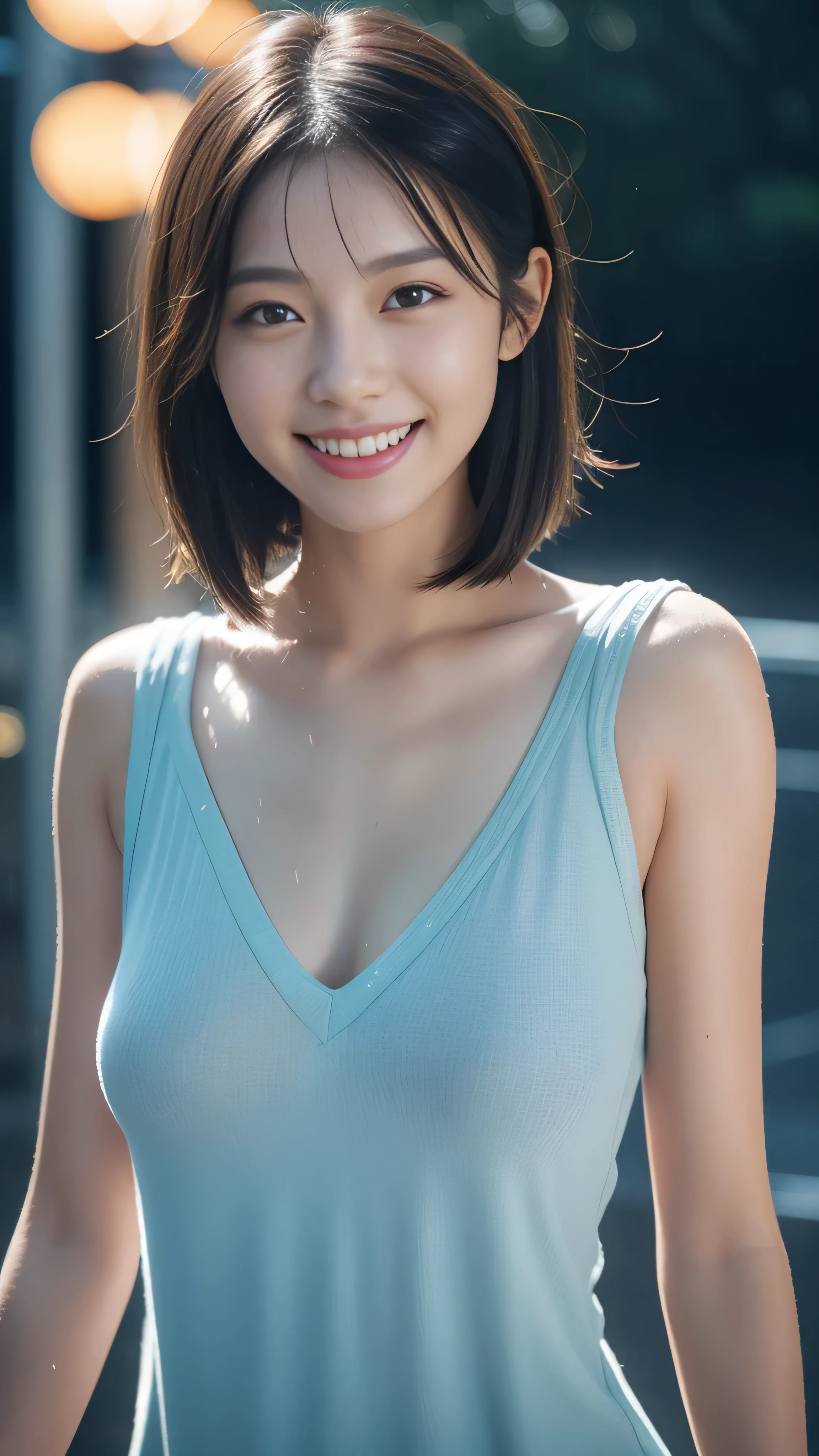 20-year-old surreal idol, Ultra-thin sleeveless ミニ dress, Nipple ring, Smiling smile, Short Layer Hair, Walking without noticing the camera, In the city of heavy rain, Wet from rain, Wet and clothes stuck to the body, RAW, (8k, top-quality, masterpiece:1.2), (intricate detailes:1.4), (Photorealsitic:1.4), octane renderings, ultra-detailliert, Studio Soft Light, Rim Lights, vibrant detail, The ultra-detailliert, realistic skin textures, Detail Face, Beautiful detail eyes, Very detailed CG Unity 8k wallpaper, make - up, (detailedbackground:1.2),