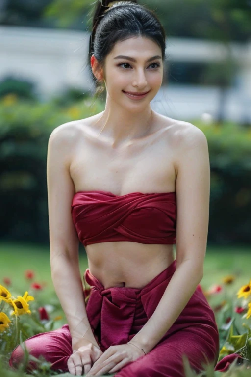 masterpiece, highest quality, HDR, high contrast,(Realistic photograph),((a beautiful blended of Japanese pretty actresses with Morena Baccarin look like face, 21 years old girl, confidence big smile, ((quite a bit body,topless)), sitting alone in the field, decorations, gem, dark red transparent Strapless top, sabai dress, Long ponytail hair, Black eyes, Abdominal muscles, Body proportion, Morning sunshine, eyes looking forward, raining