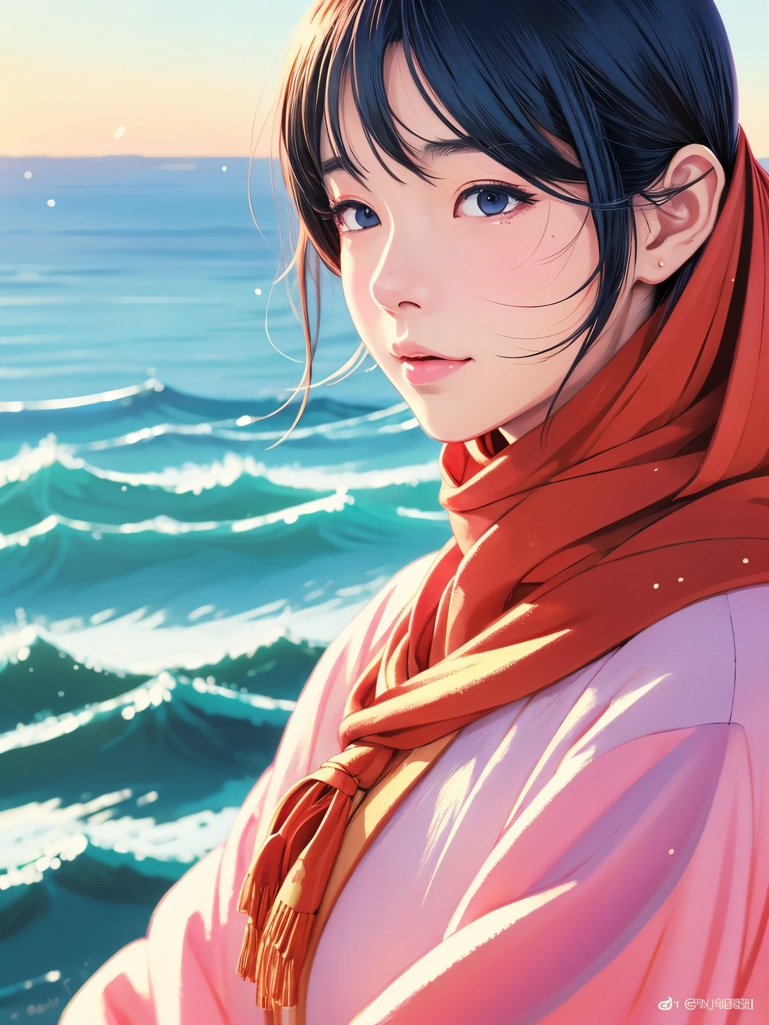 Illustration style, ukiyoe, Showa Anime, Woman hijab facing this way、Japanese、The morning sun is shining in the background、Shinkai Makoto style、The season is winter、(Tears), I can see the sea in the distance, best quality, ultra-detailed, realistic:1.37, portraits, vibrant colors, soft pastel tones, natural lighting.