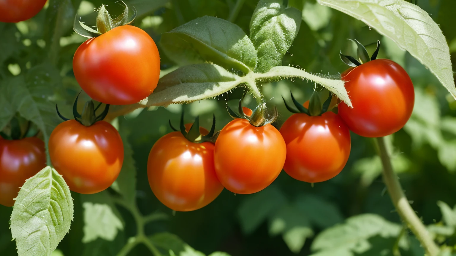red tomatoes with leaves with morning dew