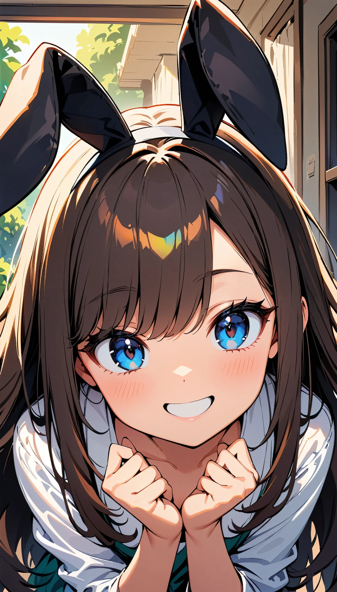 (highest quality:1.2, Very detailed, Latest, Vibrant, Ultra-high resolution, High Contrast, masterpiece:1.2, highest quality, Best aesthetics), 1 female, Beautiful girl smiling, Beautiful eyes, Detailed face, Long eyelashes, double eyelid, Random Pause, (Cute pose, Anatomically correct), Brown Hair, Girl with rabbit ears headband:1.2, Rabbit long ears, Bedroom Background.