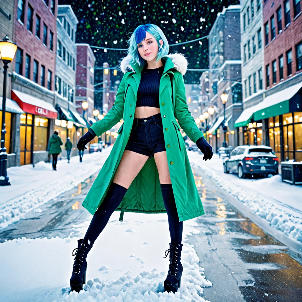 best quality,ultra high res,1girl,solo,full body,snow,city,, blue hair,green eyes,jk, pretty woman