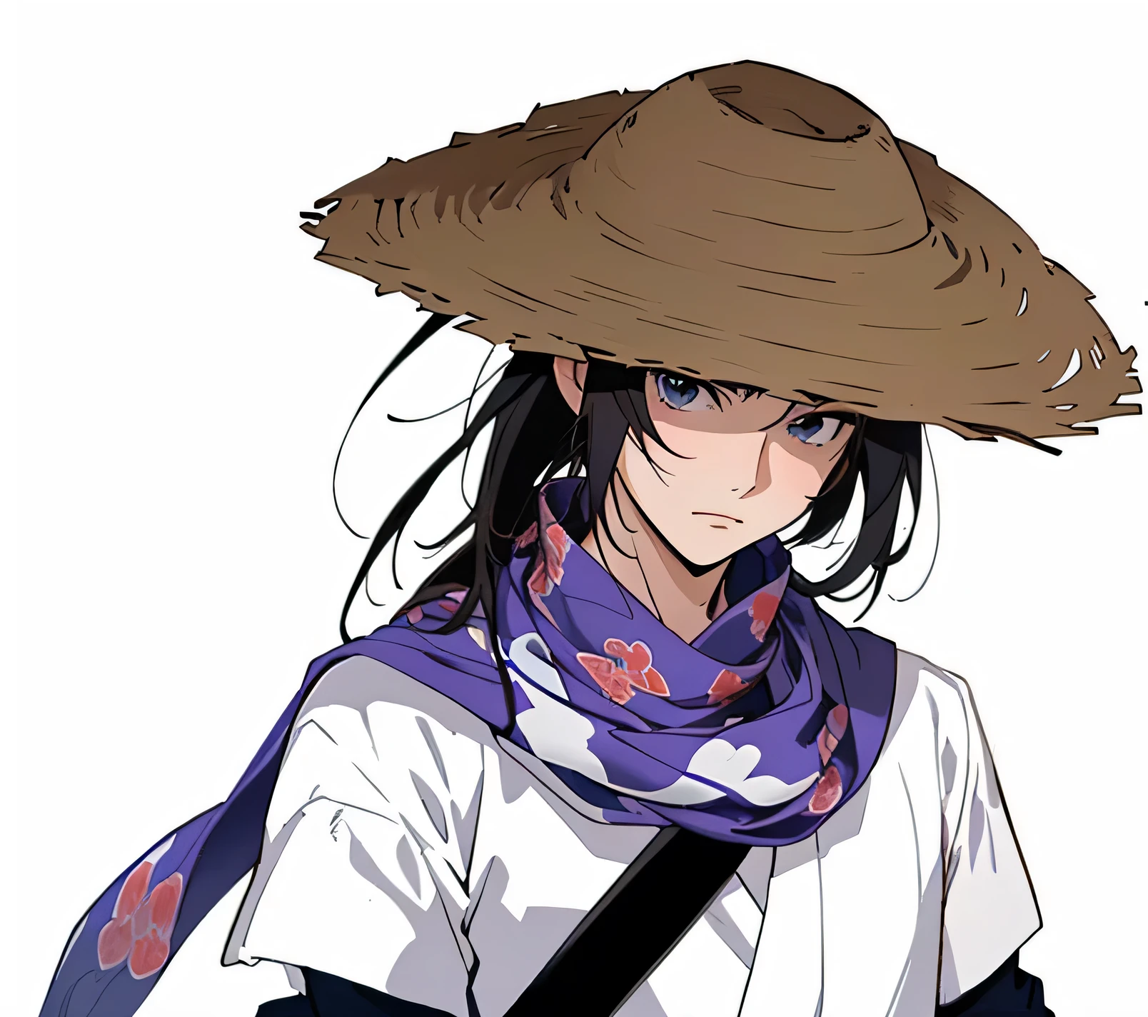 Close-up of man wearing hat and scarf, Ninja scroll anime style, Japanese anime style, shirow masamune, Uchiha Bandei, Inspired by Urakami Gyodo, Inspired by Toshusai Sharaku, Inspired by Ryuushi Kawabata, wearing huge straw hat, as an anime character