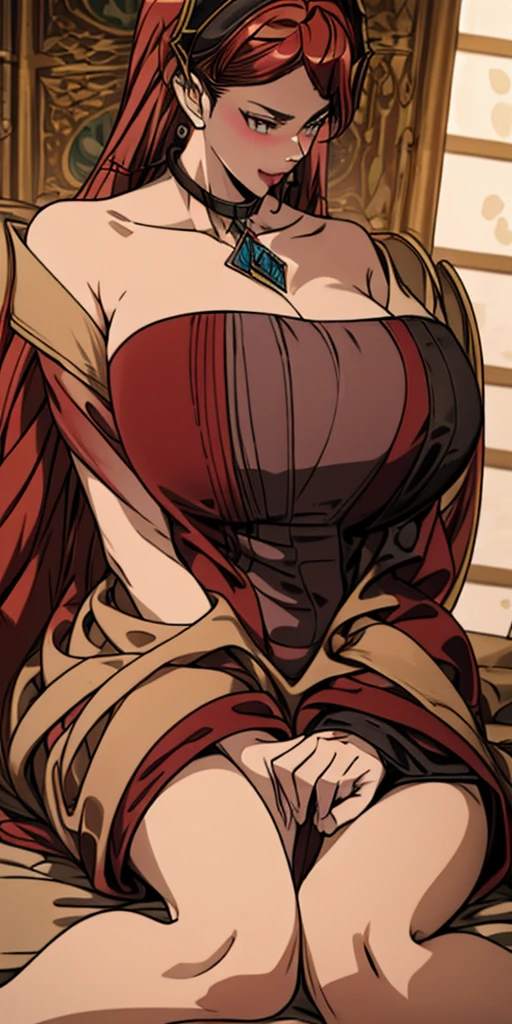 masterpiece, best quality, Eris Boreas Greyrat and Hilda Greyrat, kissing each other, red bennie, sitting full body on bed clenched fists hands on waist, strong abs