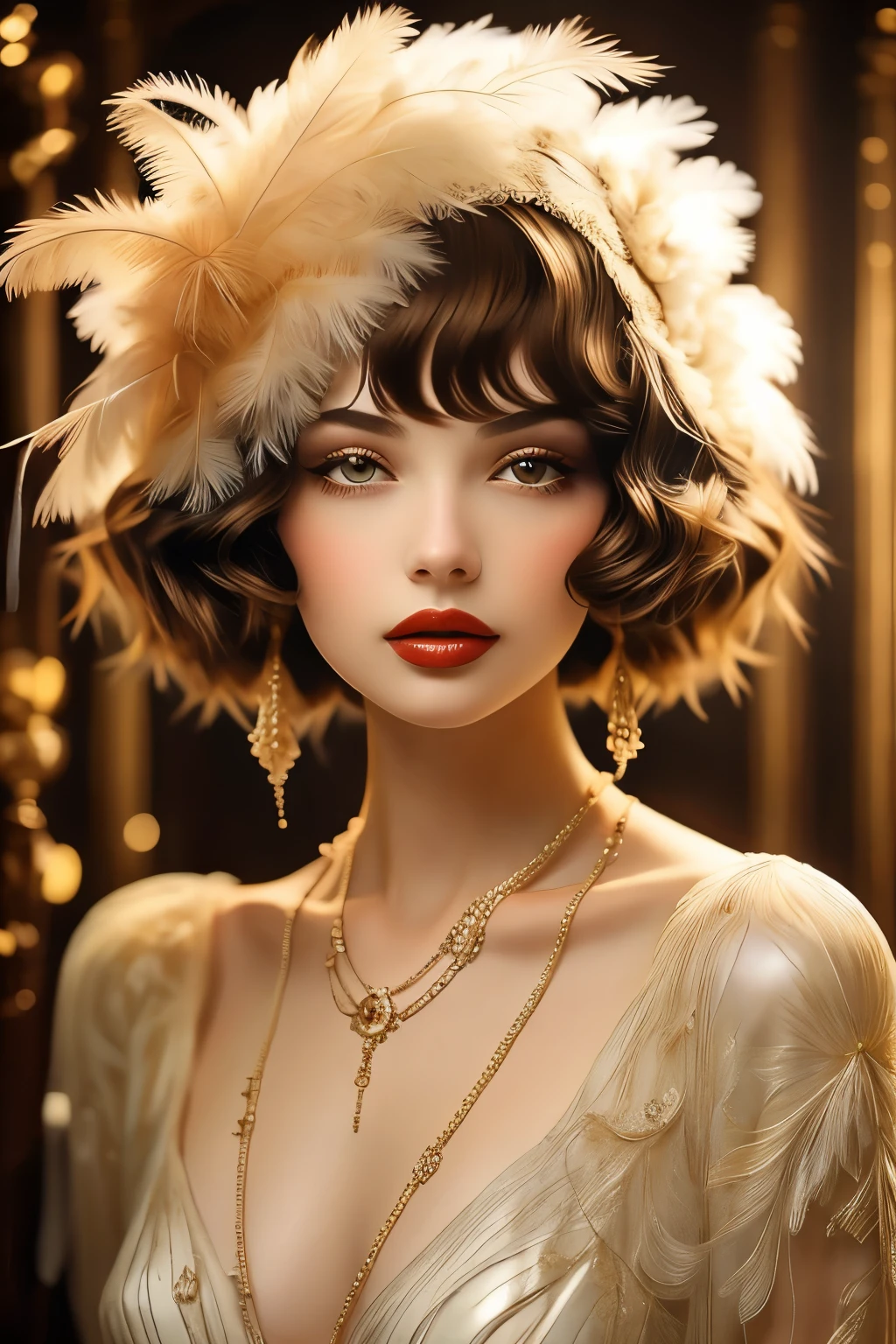 bellissima, xcharleston style, 1girl, solo, short hair, brown hair, gloves, dress, brown eyes, jewelry, earrings, white gloves, white dress, makeup, feathers, lipstick, curly hair, realistic