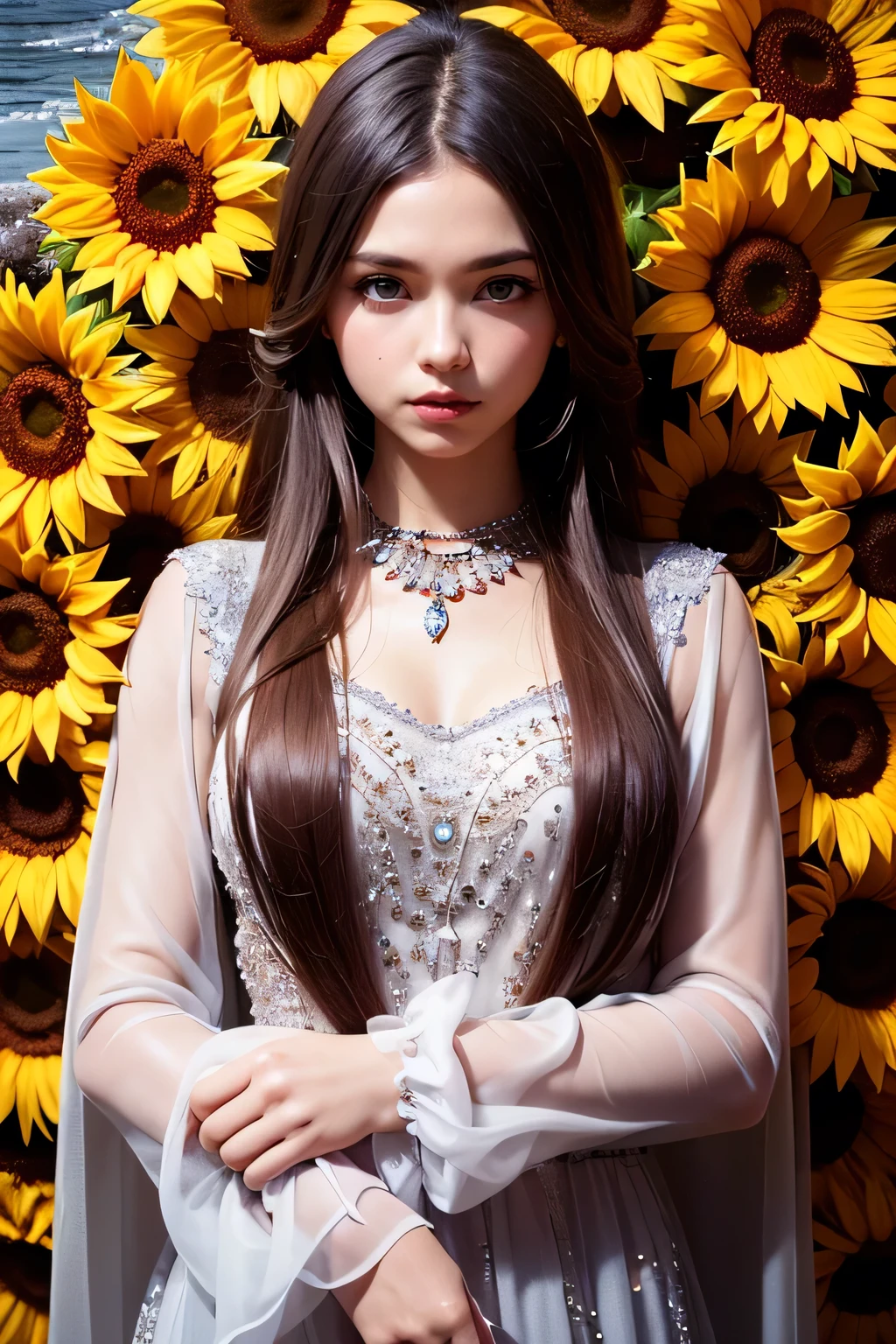 (  Absurdly , high quality , Super detailed ) ,( Handcrafted details ) , One girl, alone, mature, Very long hair, Sunflower Hair , Beautiful crystal eyes ( Eye details ) Baroque, necklace, Long dress, Long sleeve, elegant, colorful, Most detailed, Upper Body , With the river and sunflowers